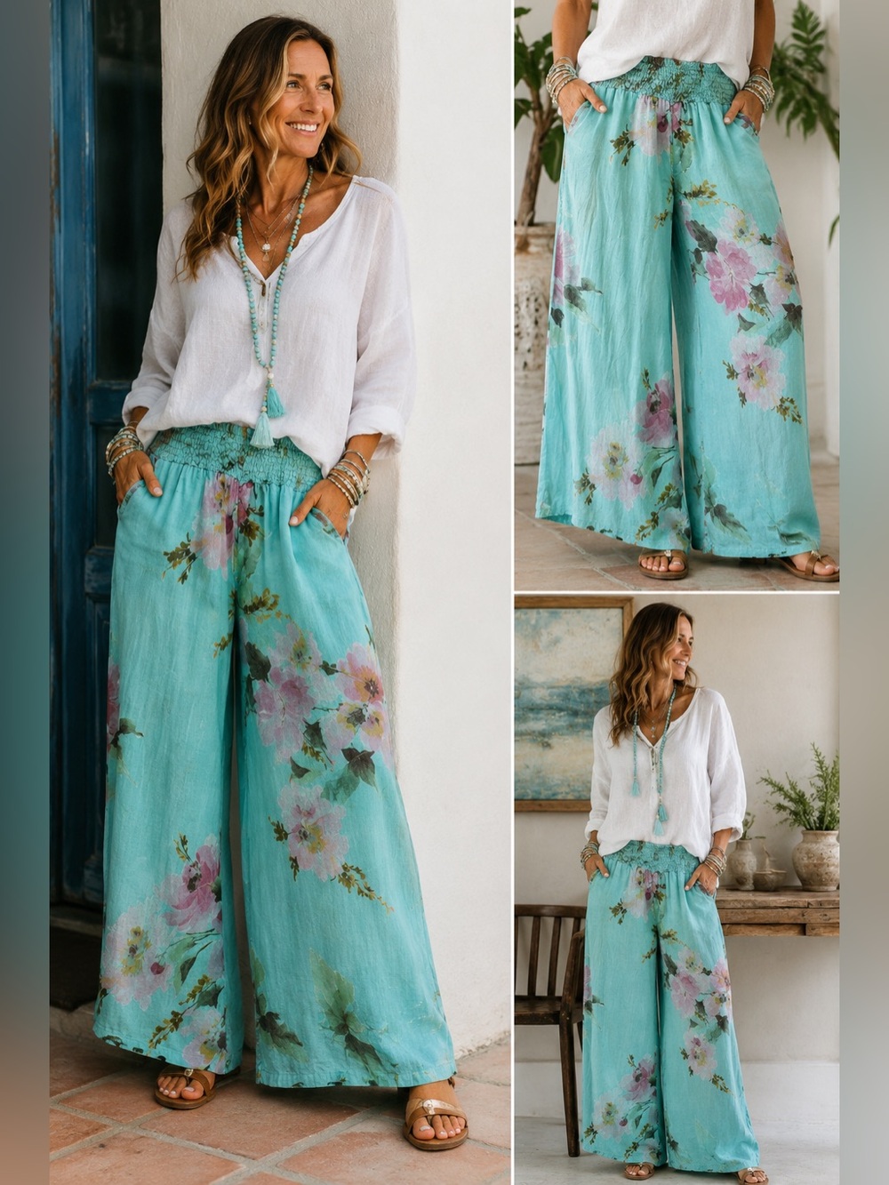 Tempo Paris linen made in Italy Floral Wide-Leg smocked palazzo Pant turquoise M
